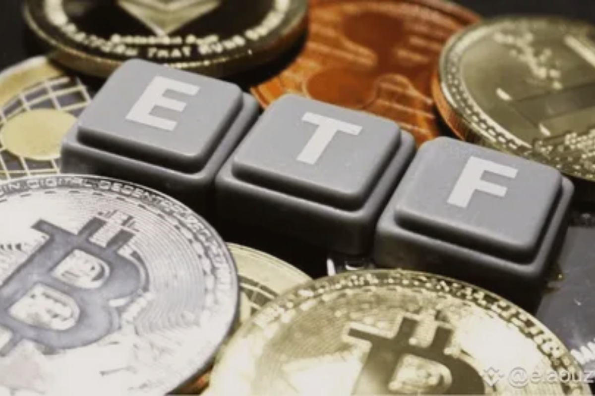 ETF blocks surrounded by cryptocurrency and Bitcoin coins