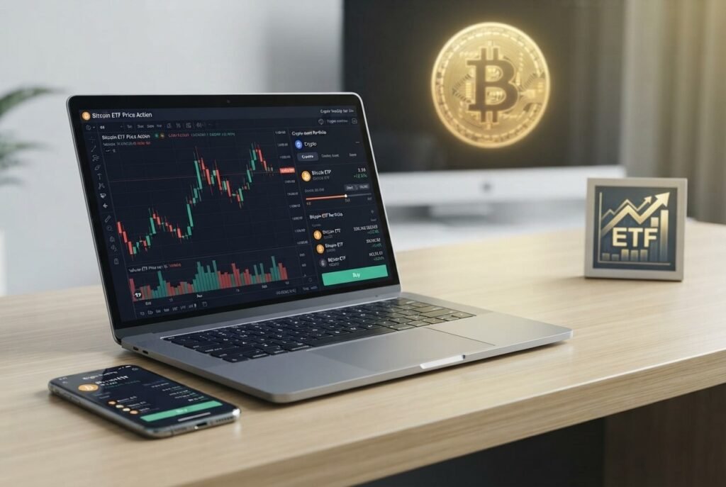 How to Buy a Bitcoin ETF - Laptop and smartphone showing cryptocurrency charts and Bitcoin asset overview.